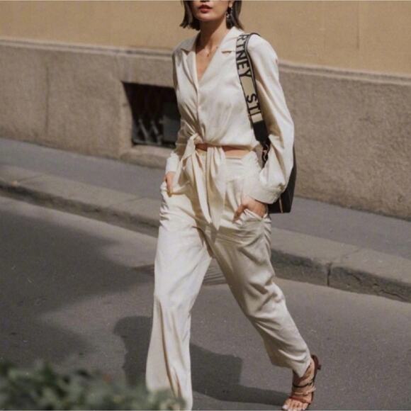 Nanushka Tanya Jumpsuit Size Small Long Sleeve Cut Out Tie Front Cream - Picture 5 of 16